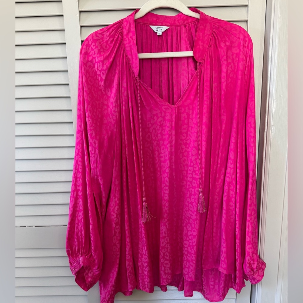 Crown & Ivy - Hot Pink Cheetah Print Silk Blouse